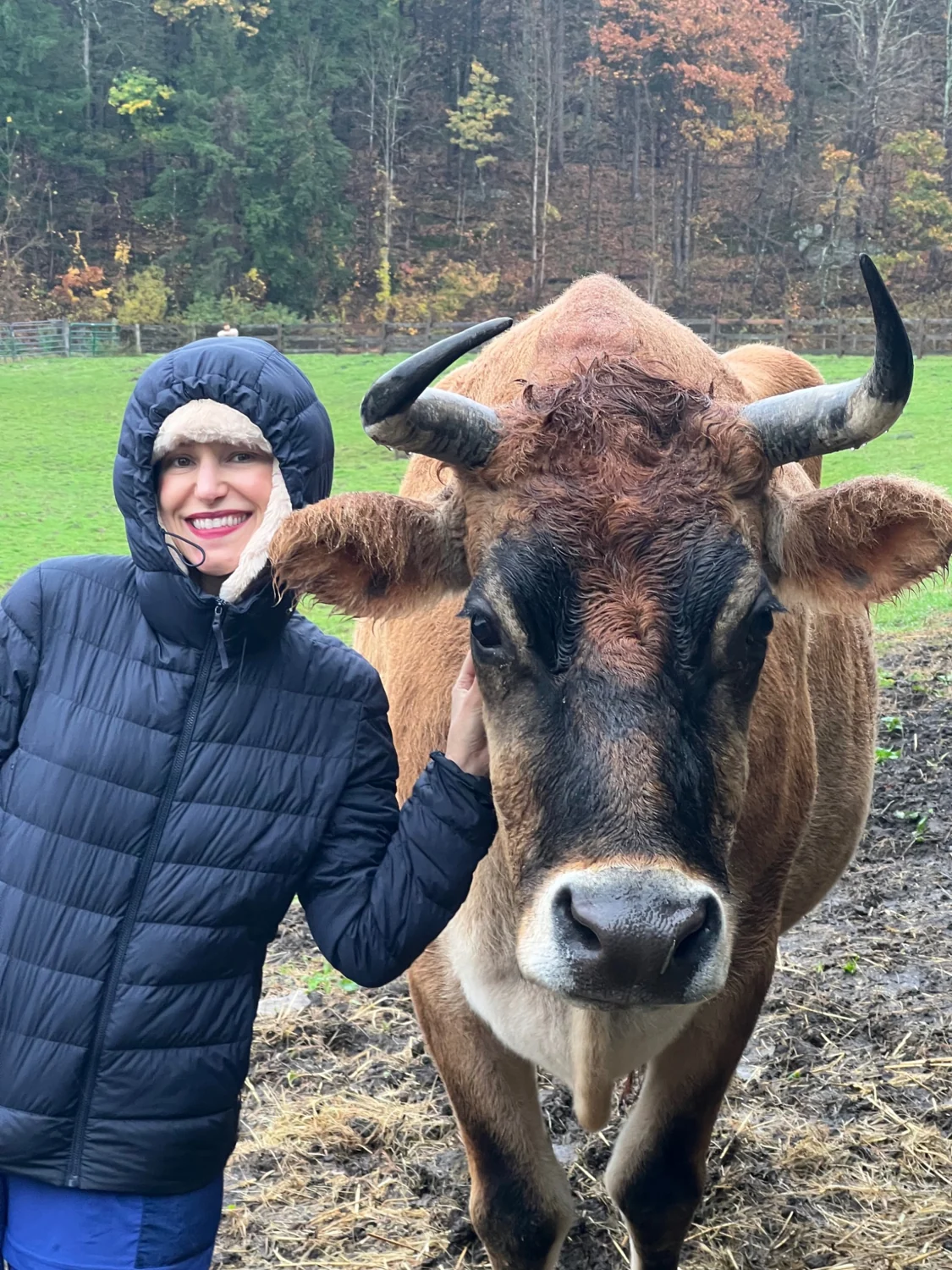 Cheryl Martinez sharing a moment with a brown cow